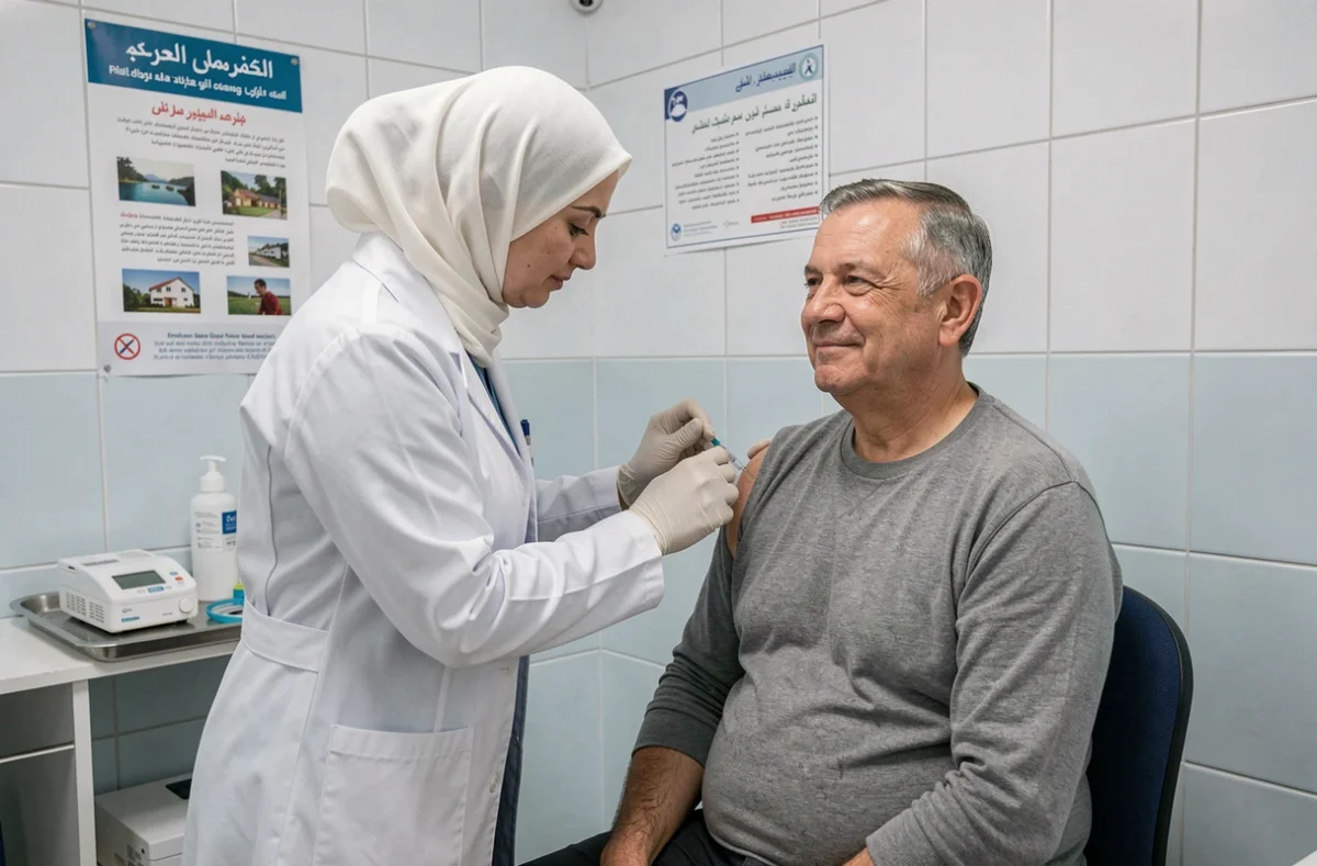 Infirmière administrant un vaccin obligatoire à un pèlerin adulte dans un centre de vaccination avant le départ pour le Hajj 2026