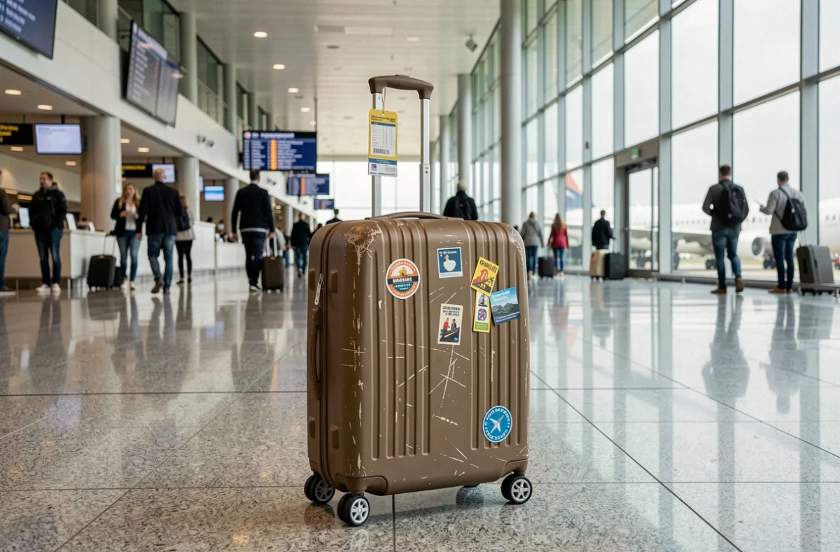 Valise rigide de cabine posée dans un terminal d'aéroport international, représentant une valise de 15 kg prête pour le voyage