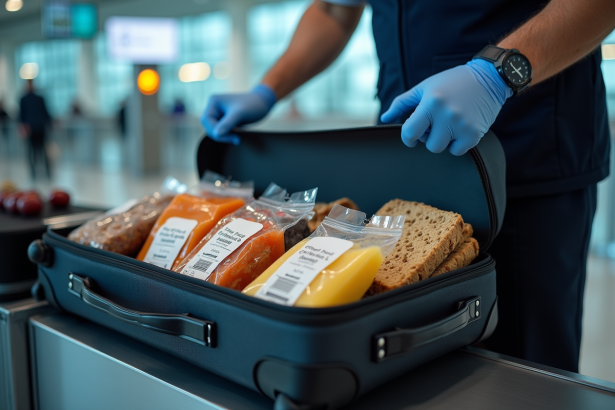 Valise ouverte à la sécurité aéroport avec nourriture emballée