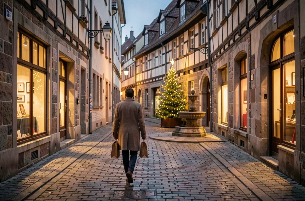 Ruelle pavée du vieux Speyer en hiver avec couple se promenant devant des façades à colombages décorées pour Noël