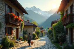 Village de montagne au lever du soleil avec maisons en pierre