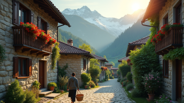 Village de montagne au lever du soleil avec maisons en pierre