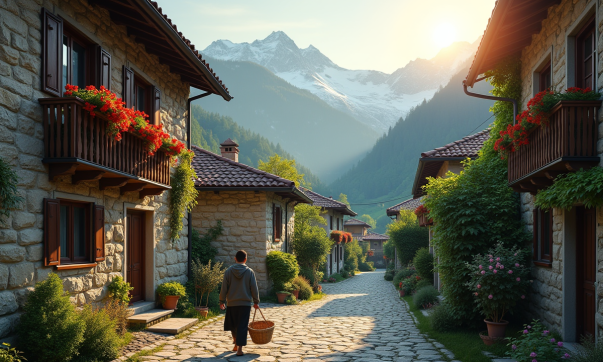 Village de montagne au lever du soleil avec maisons en pierre