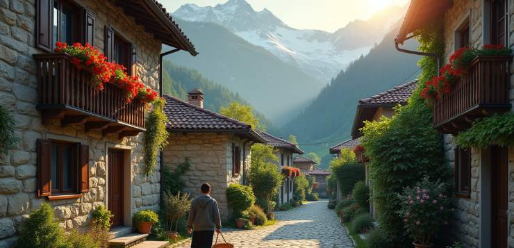 Village de montagne au lever du soleil avec maisons en pierre
