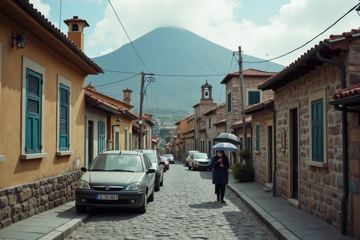 Village sicilien au pied de l'Etna recouvert de cendres volcaniques avec des habitants portant des masques dans les rues