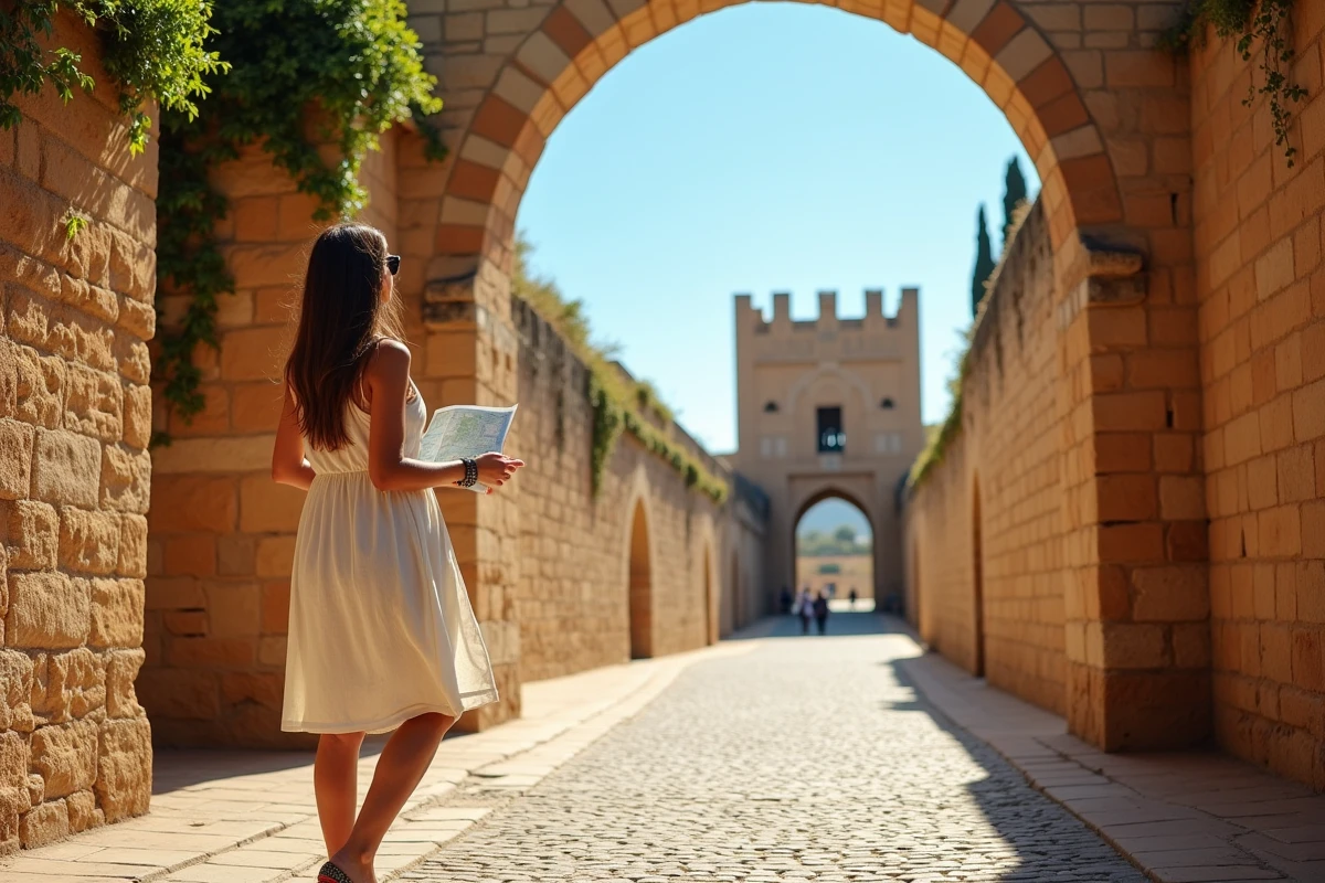 Touriste découvrant l'entrée de l'Alcazaba de Malaga lors d'une première visite du centre-ville