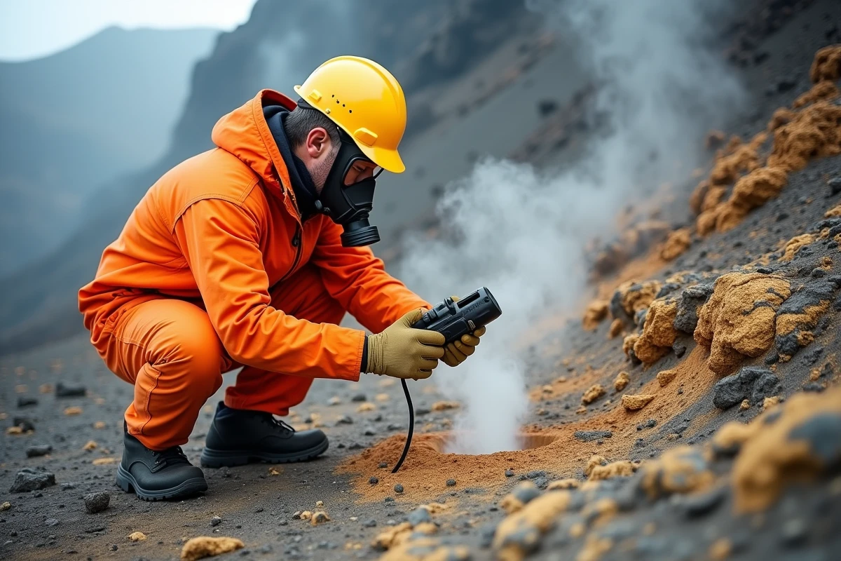 Volcanologue en combinaison de protection orange mesurant des émissions gazeuses sur les pentes soufrées de l'Etna