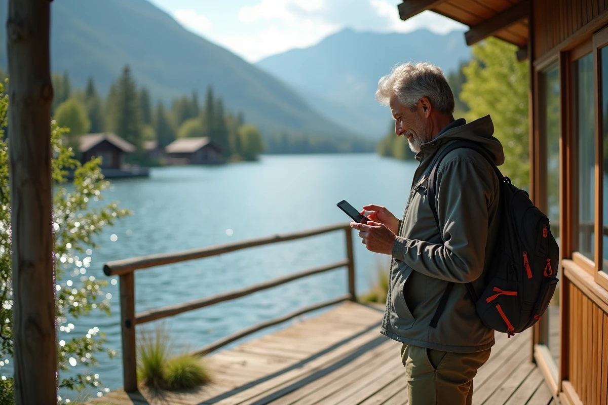 Voyageur seul vérifiant des avis de voyage au bord du lac