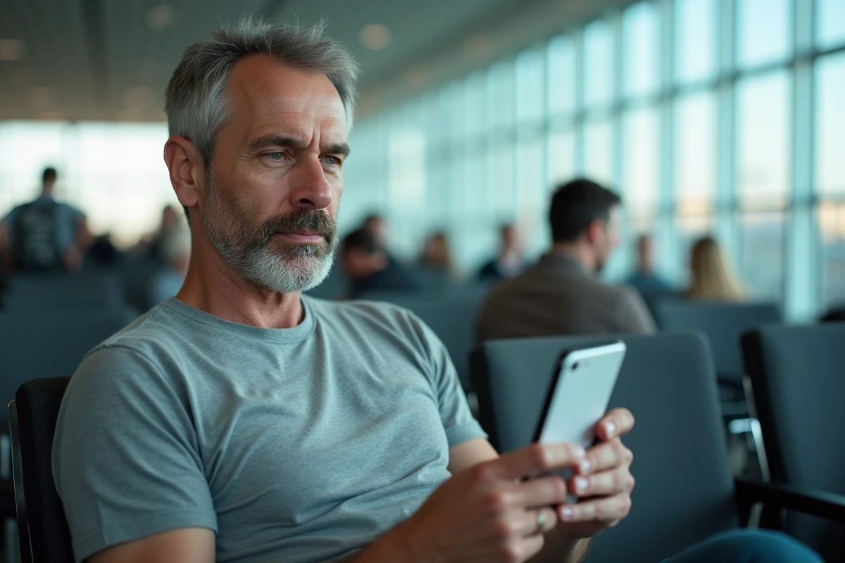 Voyageur consultant les fuseaux horaires France et Réunion sur son smartphone dans un aéroport