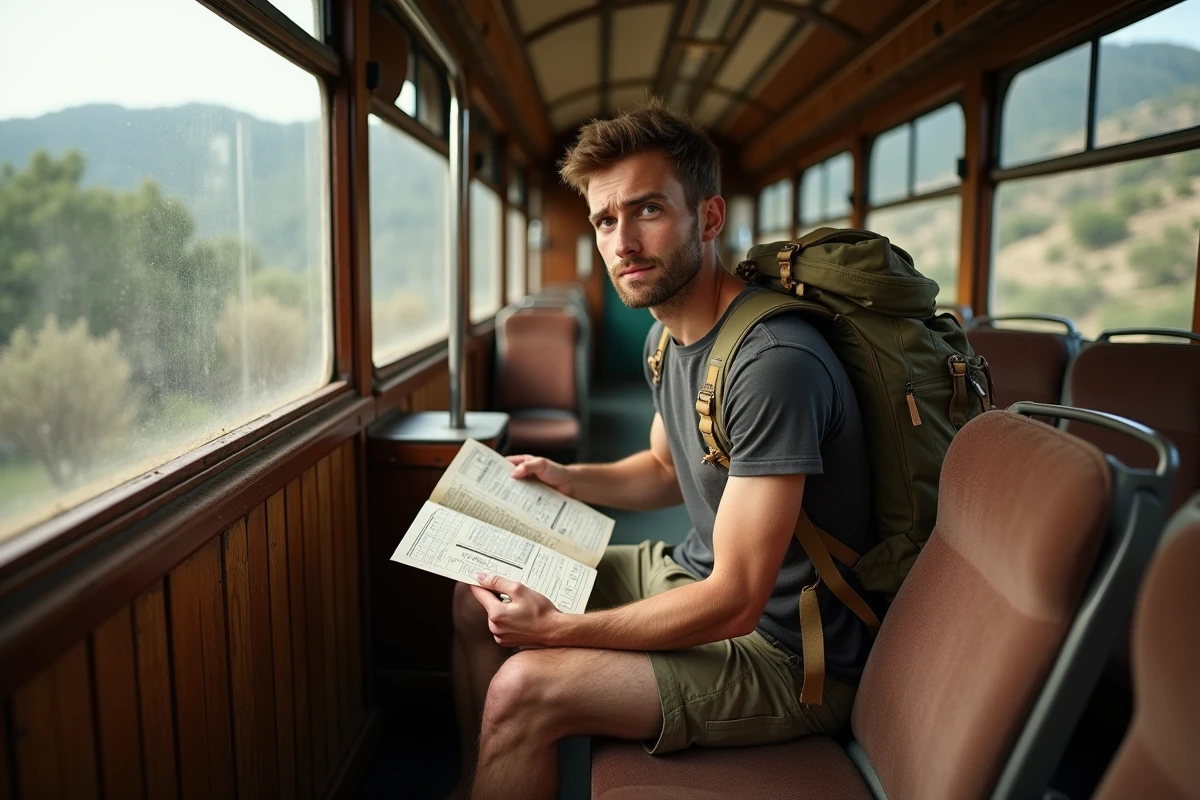 Jeune voyageur consultant un horaire imprimé à bord d'une Micheline ferroviaire en Corse