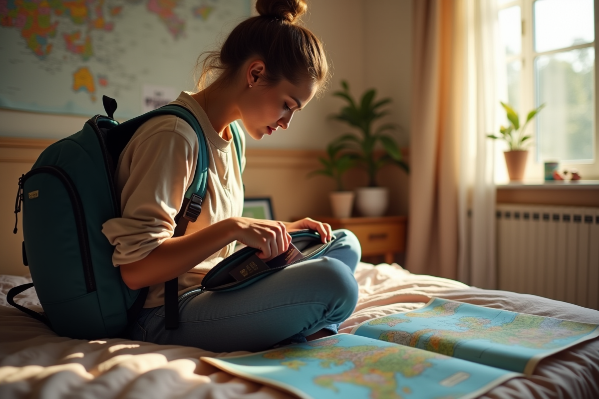 Voyageur rangeant son passeport dans un sac à dos