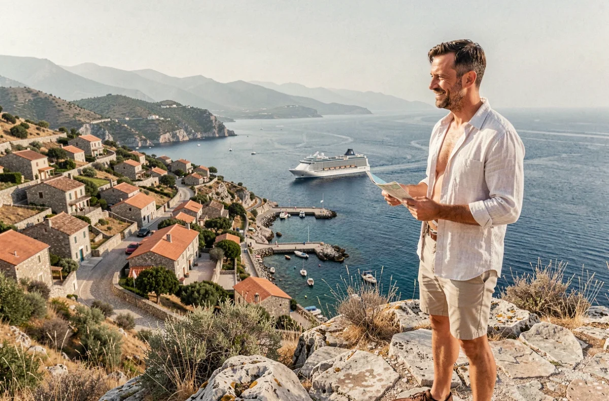 Voyageur solo observant son bateau de croisière depuis un promontoire rocheux surplombant un village côtier corse