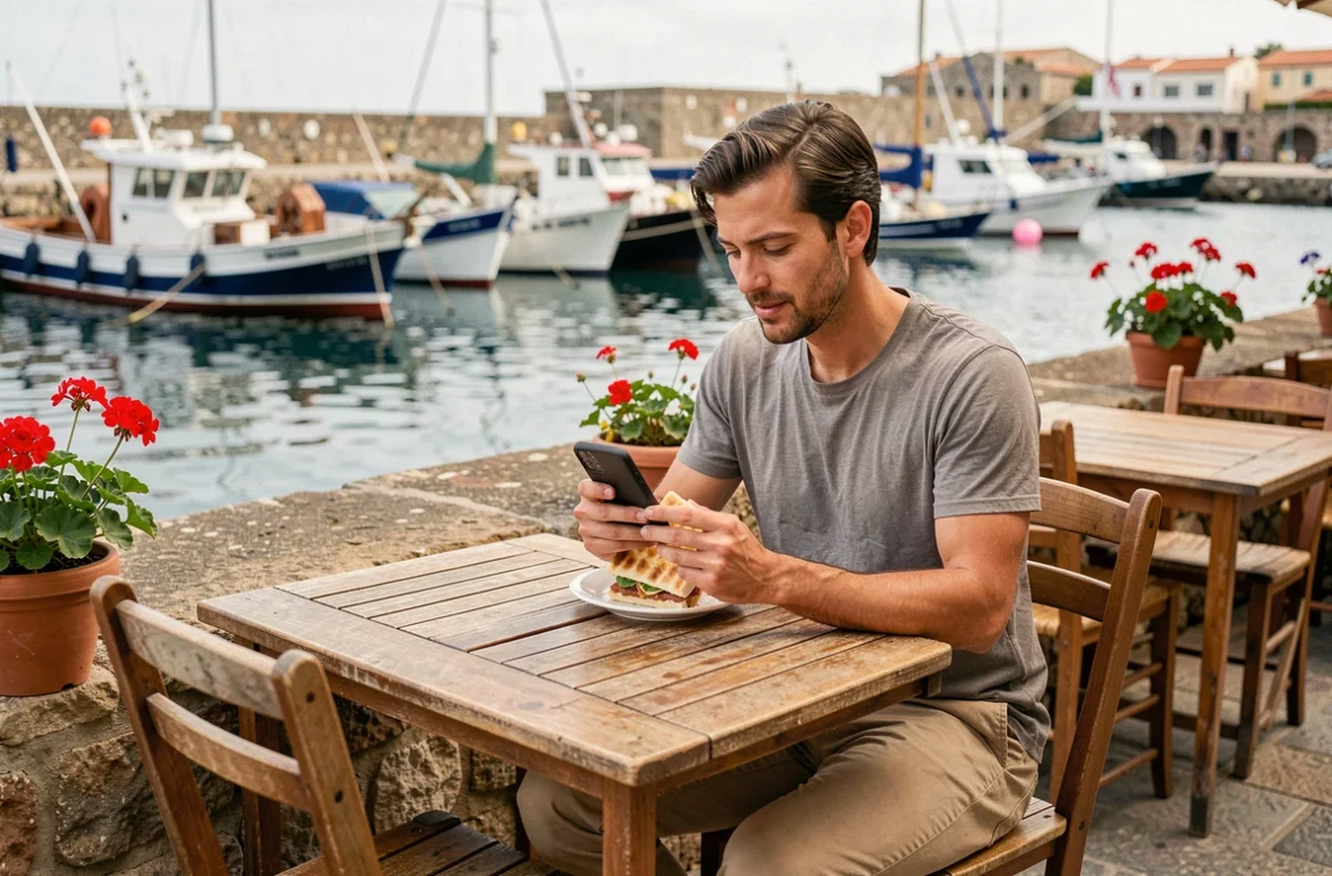 Voyageur solo dégustant une ftira maltaise en terrasse de café face au port de pêche de Marsaxlokk