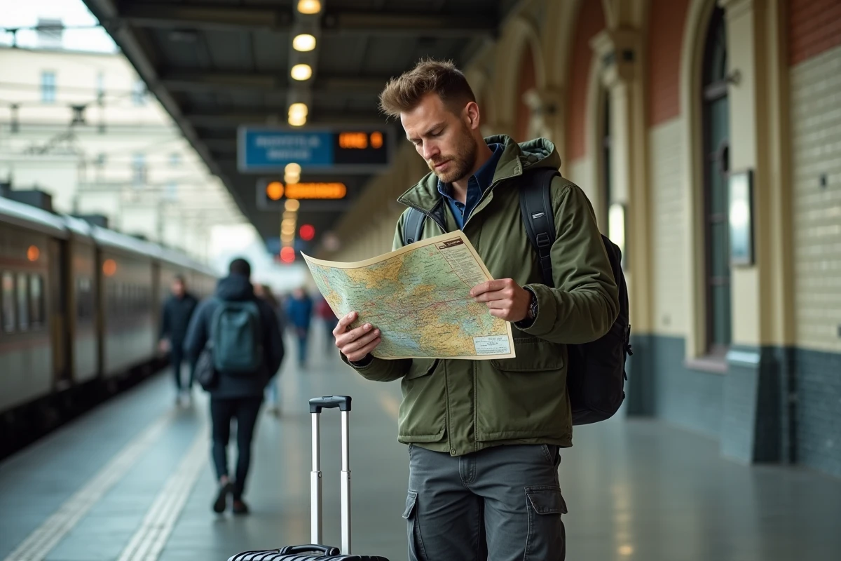 Voyageur solo consultant une carte interrail sur un quai de gare en Europe de l'Est, illustrant les voyages en train économiques pour les petits budgets