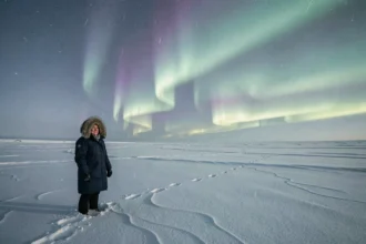 Femme en parka devant une aurore boréale verte et violette dans la toundra arctique enneigée