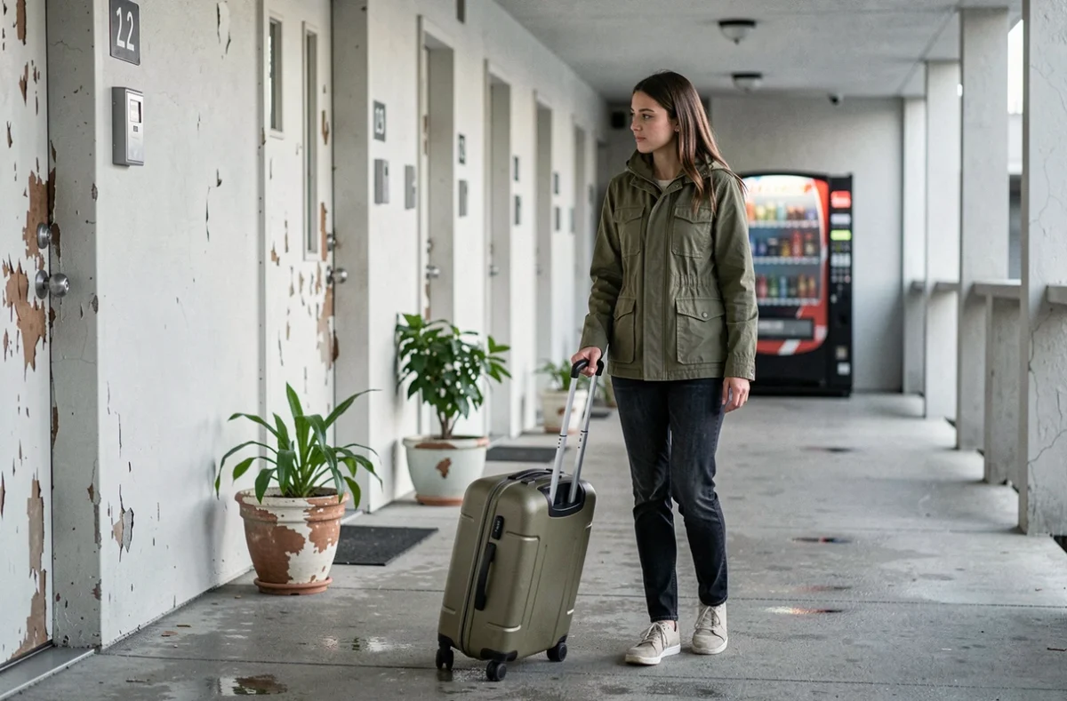 Voyageuse tirant sa valise dans le couloir extérieur d'un motel, cherchant sa chambre parmi les portes numérotées