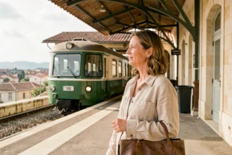 Voyageuse sur le quai de la gare de Montauban attendant le train régional en provenance de Toulouse