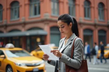 Voyageuse consultant son itinéraire de trajet entre New York et Boston dans une rue animée de Manhattan