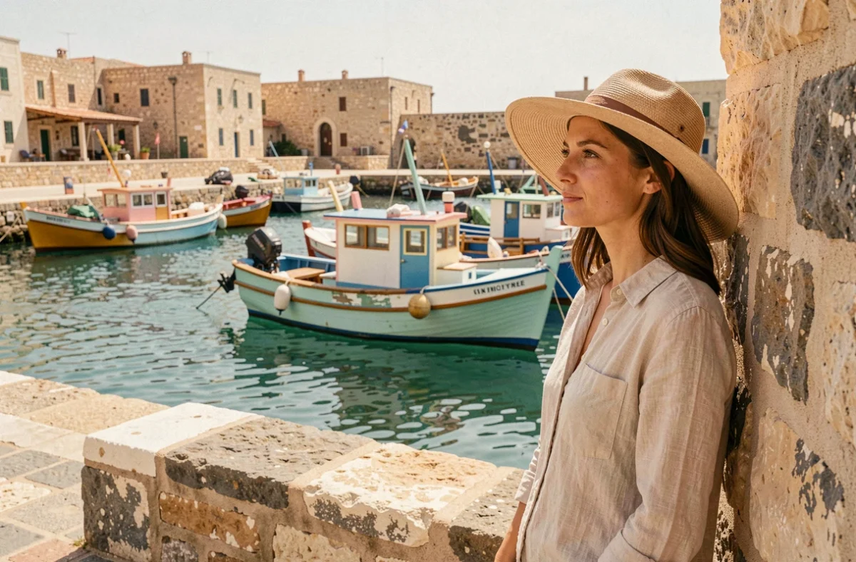 Voyageuse solo contemplant les bateaux de pêche colorés luzzu dans le port de Marsaxlokk à Malte