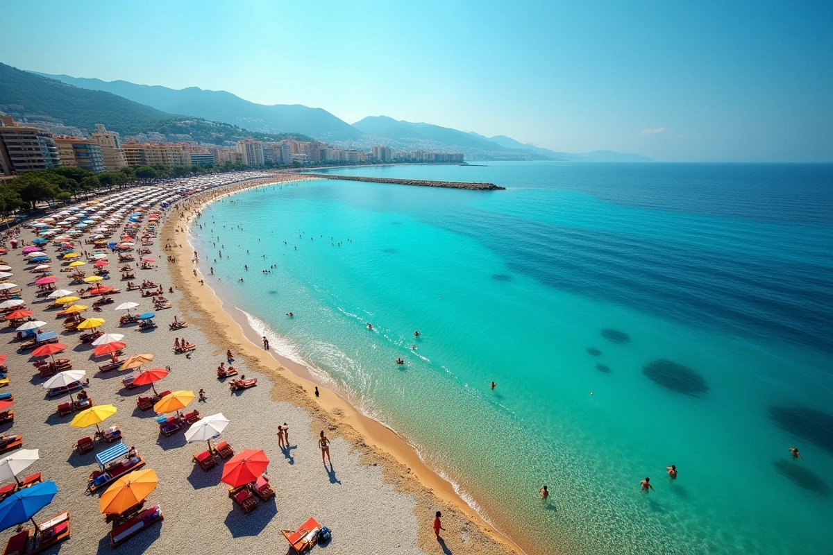 Vue aérienne des plages de Nice avec eau claire de la Méditerranée et baigneurs en été
