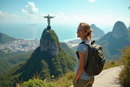 Femme souriante regardant Rio de Janeiro avec Christ Rédempteur en arrière-plan