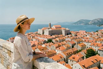 Vue panoramique de Dubrovnik depuis le mont Srđ avec une voyageuse contemplant les toits rouges et la mer Adriatique
